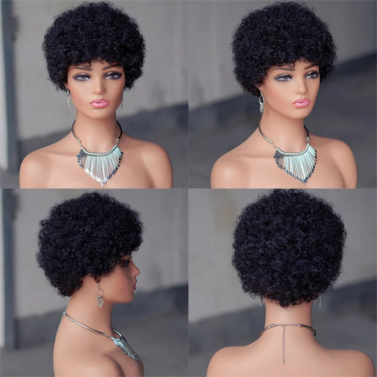 Natural Black Fluffy Afro Kinky Curly Short European Human Hair