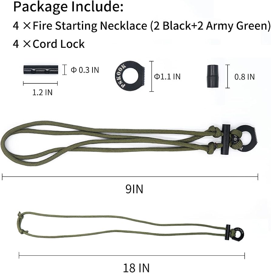 PSKOOK Fire Starter Necklace, Survival Paracord Necklace with