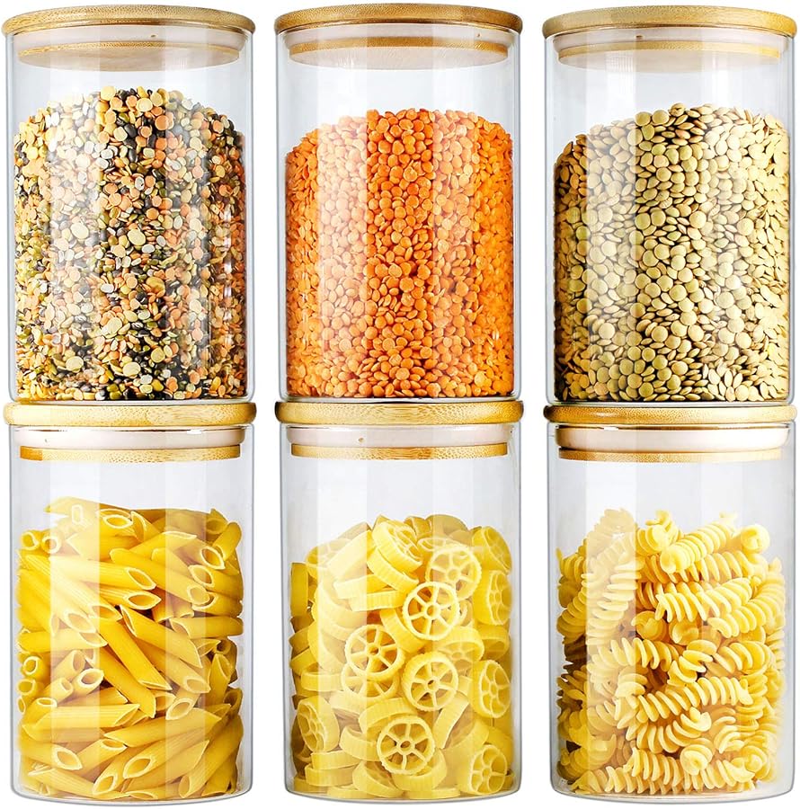 Glass Jars with Bamboo Lids (27oz in 6 Pack), Glass Food Jars and