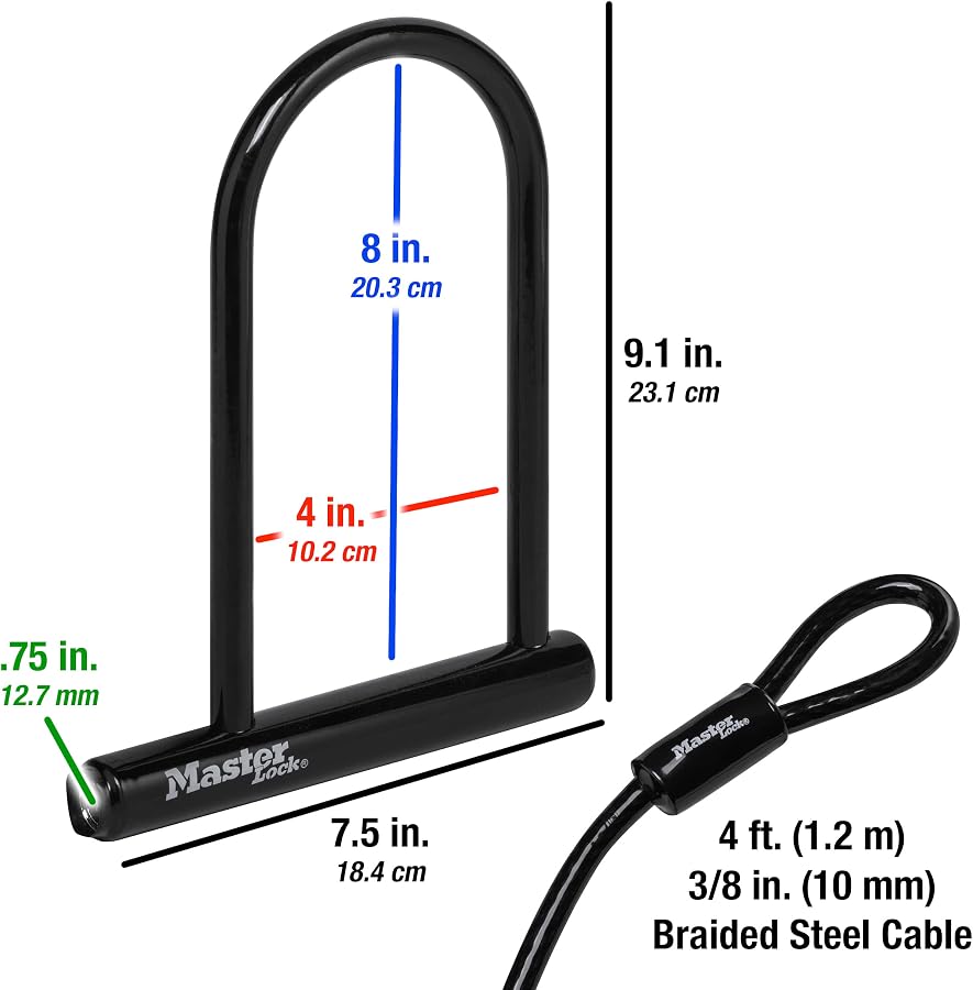 Master Lock 7-1/4" U-Lock Bike Lock with 4' Looped End Cable, 8385D