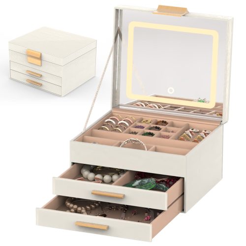1 Set Jewelry Box With LED Mirror 3 Layer Jewelry Organizer With 2