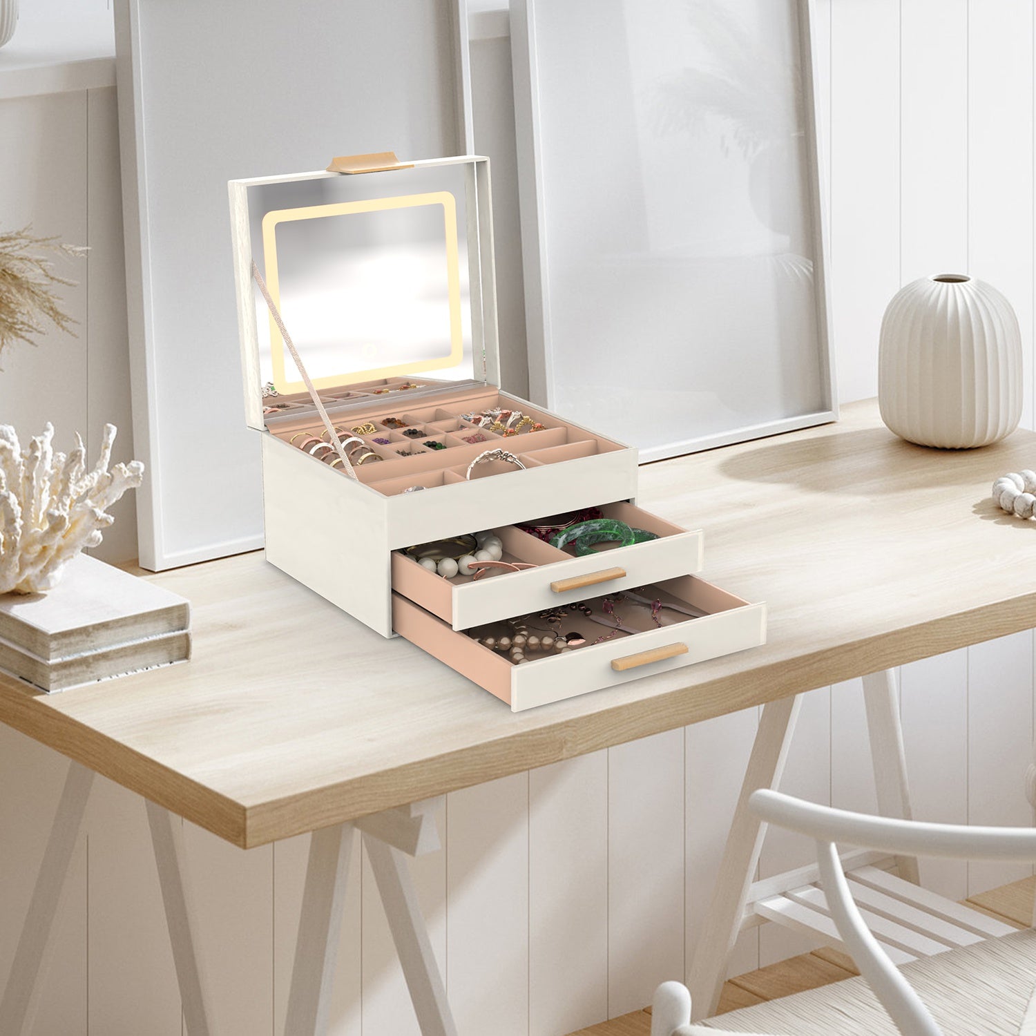 1 Set Jewelry Box With LED Mirror 3 Layer Jewelry Organizer With 2