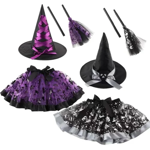 Halloween Witch Cosplay Tutu Skirt Hat Wizard Clothes Accessories