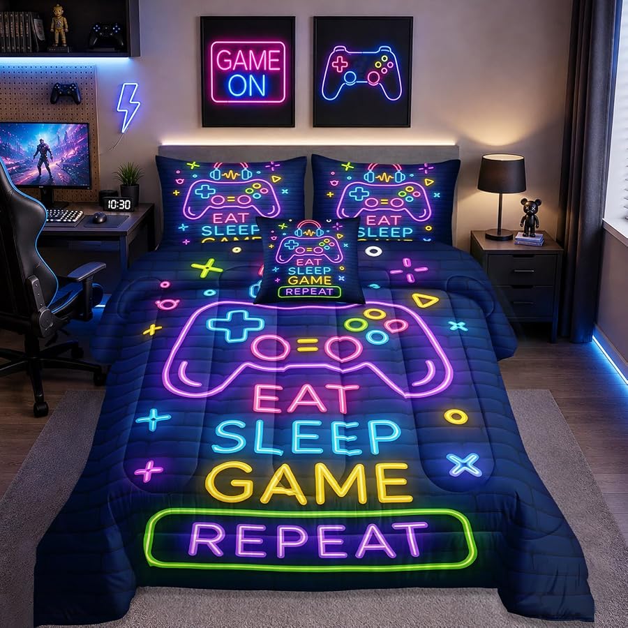 lris Bedding 6 Pieces Full Size Gamer Comforter Set for Boys, Neon