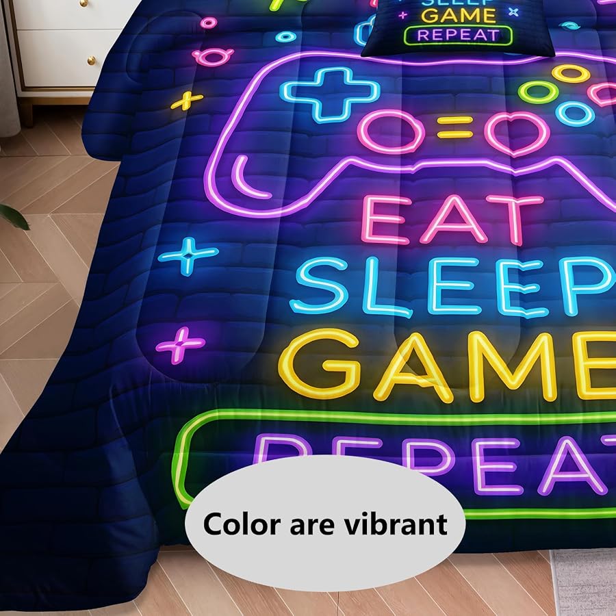 lris Bedding 6 Pieces Full Size Gamer Comforter Set for Boys, Neon