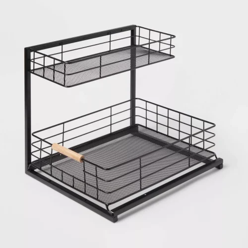 Two Tiered Metal Under Kitchen Sink Storage Organizer Black