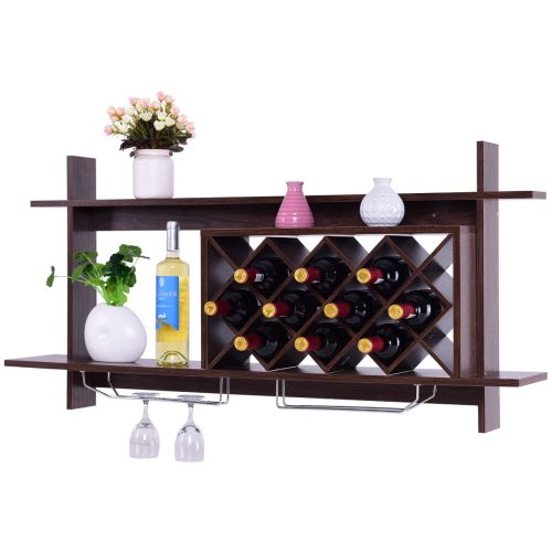 Gymax Wall Mount Wine Rack Organizer With Glass Holder & Storage
