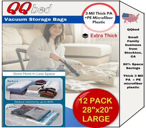 QQbed Vacuum Storage Bags for Clothes and Bedding, 12 Pack Large