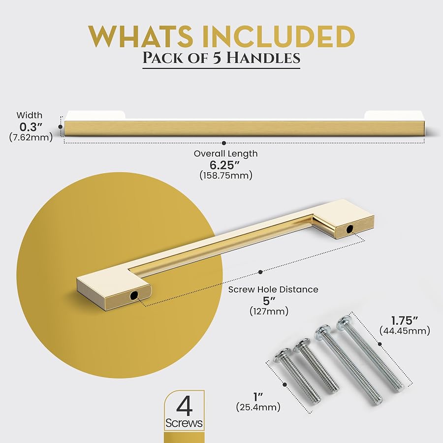 Southern Hills 5 Pack Gold Cabinet Pulls 5 Inch/128 mm