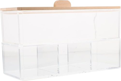 Lidded Cotton Swab Holder Acrylic Bamboo Lid Dust Proof Organizer