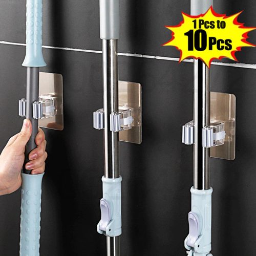 1-10PCS Adhesive Multi-Purpose Hooks Wall Mounted Mop Organizer