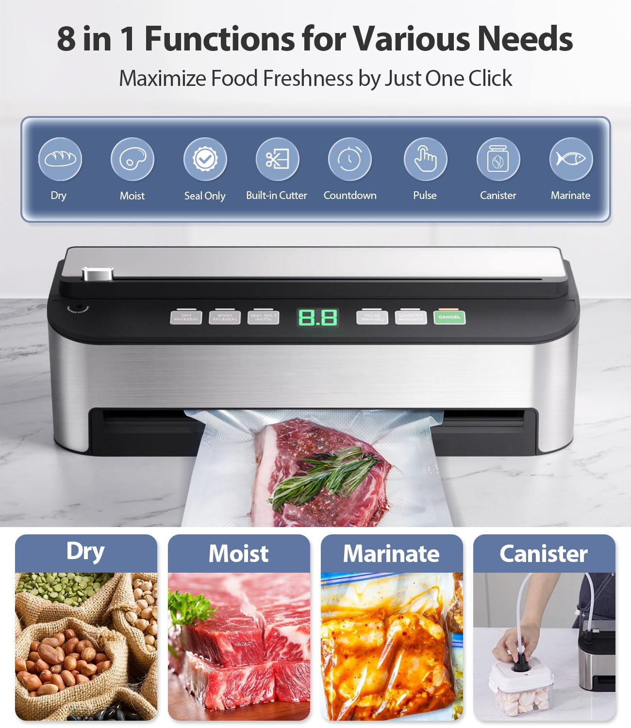 Vacuum Sealer Machine, Aeitto® 85KPA Fully Automatic 8-IN-1 Food