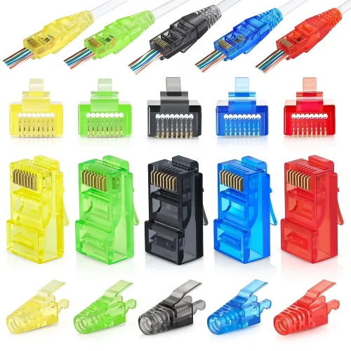 Pack of 50/50 RJ45 Cat6 Pass Through Connectors and Strain Relief