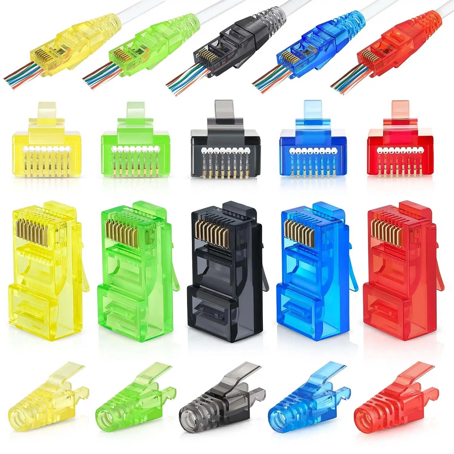 Pack of 50/50 RJ45 Cat6 Pass Through Connectors and Strain Relief