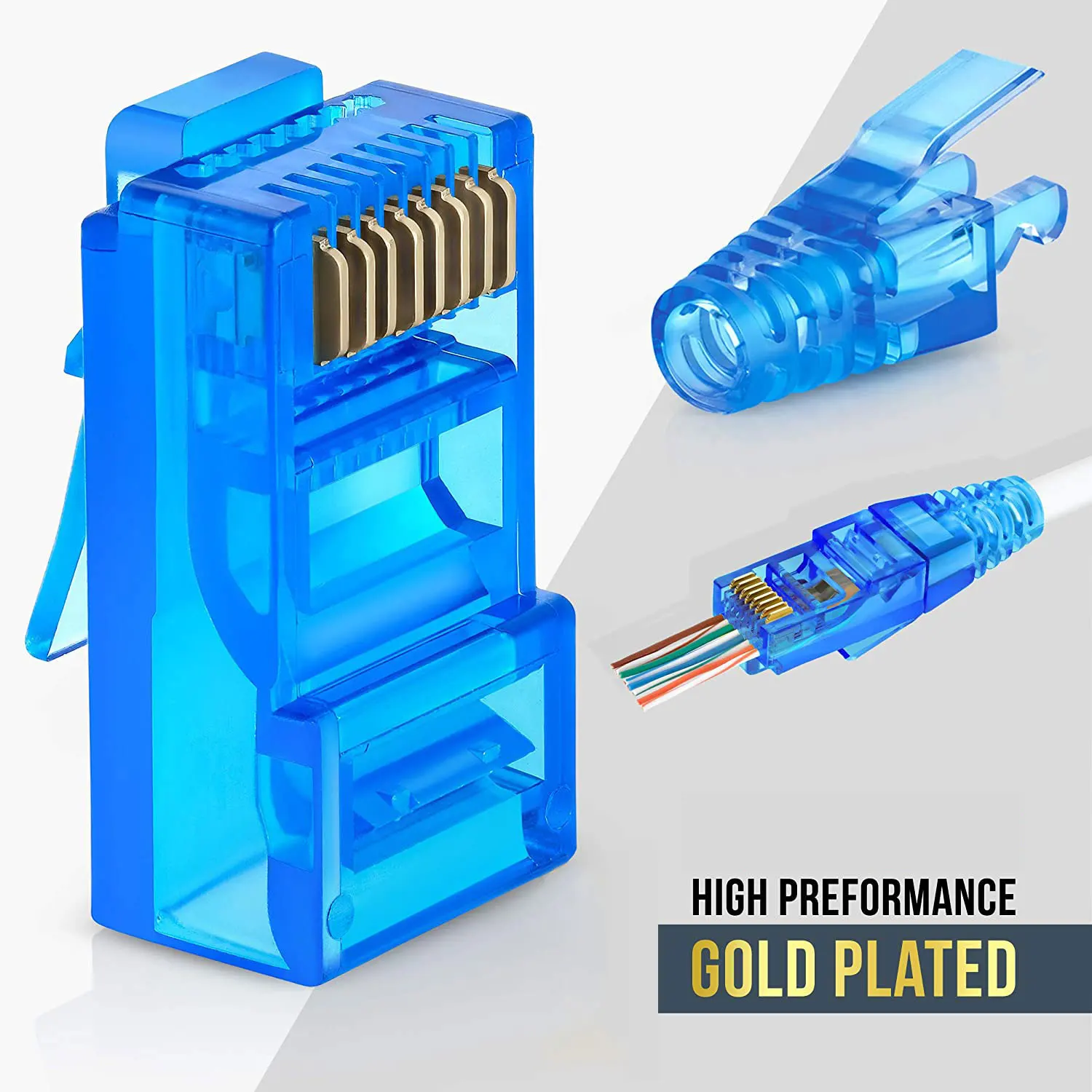 Pack of 50/50 RJ45 Cat6 Pass Through Connectors and Strain Relief