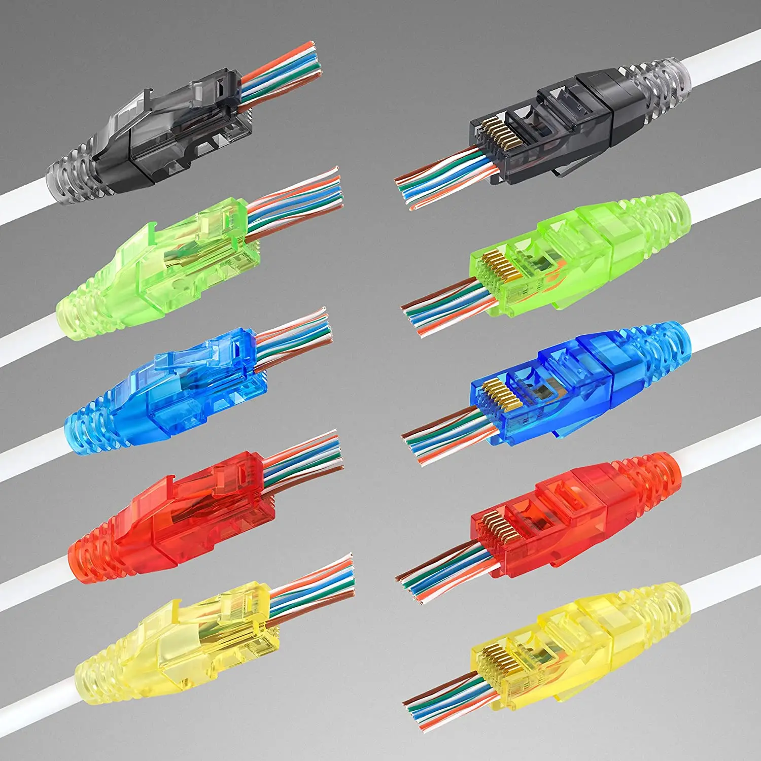 Pack of 50/50 RJ45 Cat6 Pass Through Connectors and Strain Relief