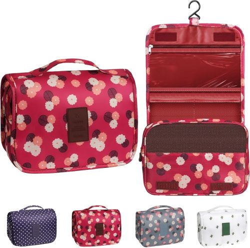 Toiletry Bag Travel Bag with Hanging Hook,Wine Red FLower